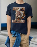 Letter I Native Chief T Shirt Tribal Art Design - model wearing navy tee with hands in pockets