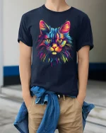 Neon Rainbow Cat T Shirt Vibrant Feline Art - model wearing navy tee with hands in pockets