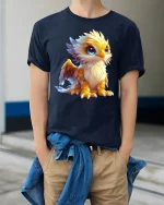 Cute Baby Griffin T Shirt Magical Fantasy Art - model wearing navy tee with hands in pockets