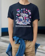 Trip Hard Trip Hard T Shirt Psychedelic Camera Art - model wearing navy tee with hands in pockets