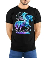 Neon Cyber Unicorn T Shirt Magical Winged Beast Glow - model wearing black tee with hands behind back