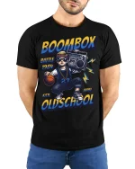 Boombox Battle 1984 Oldschool T Shirt Retro Vibes - model wearing black tee with hands behind back