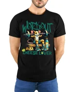 Workout Cheese Lover T Shirt Funny Gym Mouse Art - model wearing black tee with hands behind back