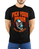 Pick Your Poison T Shirt Skull Drink Graphic - model wearing black tee with hands behind back
