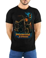 Progressive 2 Stroke T Shirt Retro Motorcycle Art - model wearing black tee with hands behind back