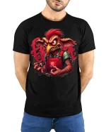 Fierce Goblin Creature T Shirt Dark Fantasy Art - model wearing black tee with hands behind back