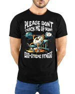 Egg Streme Fitness T Shirt Funny Gym Workout Pun - model wearing black tee with hands behind back