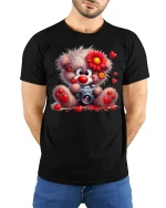 Cute Teddy Bear Camera T Shirt Heart Lover Art - model wearing black tee with hands behind back