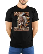 Letter I Native Chief T Shirt Tribal Art Design - model wearing black tee with hands behind back
