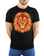 Fiery Lion Head T Shirt Bold King Of Jungle Art - model wearing black tee with hands behind back