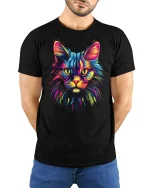 Neon Rainbow Cat T Shirt Vibrant Feline Art - model wearing black tee with hands behind back