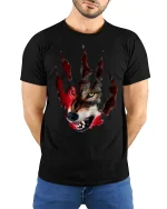 Fierce Wolf Claw Mark T Shirt Wild Predator Art - model wearing black tee with hands behind back