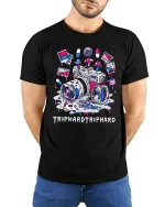 Trip Hard Trip Hard T Shirt Psychedelic Camera Art - model wearing black tee with hands behind back