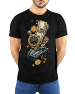 Luxury Money And Fast Car T Shirt Wealth Lifestyle Art - model wearing black tee with hands behind back