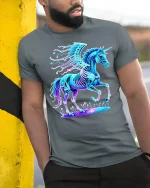 Neon Cyber Unicorn T Shirt Magical Winged Beast Glow - model wearing grey tee, leaning on column