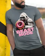 Beast Mode Gorilla Donut T Shirt Funny Savage Style - model wearing grey tee, leaning on column