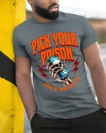 Pick Your Poison T Shirt Skull Drink Graphic - model wearing grey tee, leaning on column