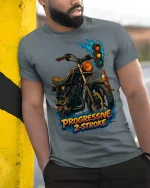 Progressive 2 Stroke T Shirt Retro Motorcycle Art - model wearing grey tee, leaning on column