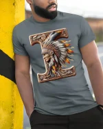 Letter I Native Chief T Shirt Tribal Art Design - model wearing grey tee, leaning on column