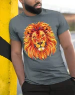 Fiery Lion Head T Shirt Bold King Of Jungle Art - model wearing grey tee, leaning on column