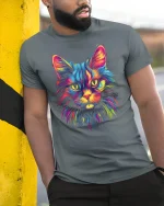 Neon Rainbow Cat T Shirt Vibrant Feline Art - model wearing grey tee, leaning on column
