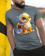 Cute Baby Griffin T Shirt Magical Fantasy Art - model wearing grey tee, leaning on column