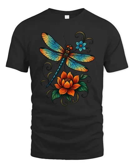 Vibrant Dragonfly Floral Art T Shirt Nature Bloom - black t-shirt on white background