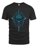 Dark Skull Sword and Axes Graphic T Shirt Art - black t-shirt on white background