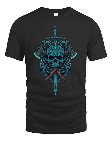 Dark Skull Sword and Axes Graphic T Shirt Art - black t-shirt on white background