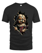 Creepy Cracked Doll Horror Graphic T Shirt Art - black t-shirt on white background