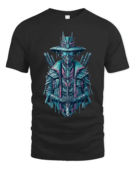 Cyberpunk Samurai Robot Graphic T Shirt Art - black t-shirt on white background
