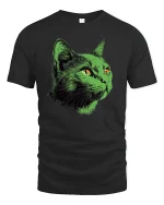 Neon Green Cat Face Graphic T Shirt Art - black t-shirt on white background