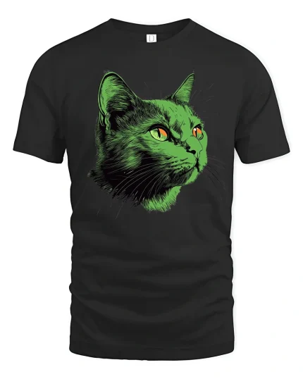 Neon Green Cat Face Graphic T Shirt Art - black t-shirt on white background