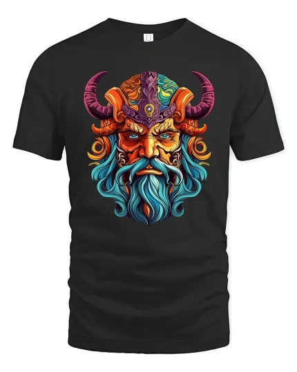 Colorful Viking Warrior Face Graphic T Shirt - black t-shirt on white background