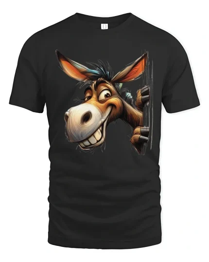 Funny Smiling Donkey Graphic T Shirt Cartoon Style - black t-shirt on white background