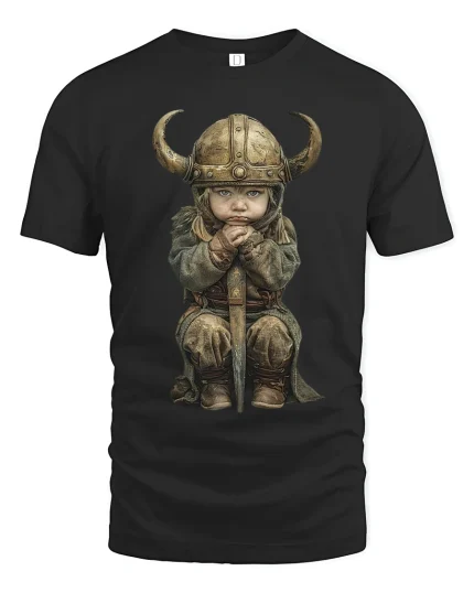 Cute Baby Viking Warrior Graphic T Shirt Art - black t-shirt on white background