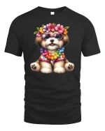 Cute Flower Crown Puppy Graphic T Shirt Art - black t-shirt on white background