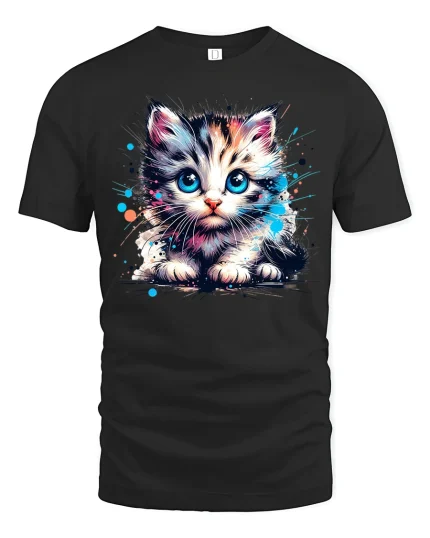 Cute Blue Eyed Kitten Graphic T Shirt Art - black t-shirt on white background