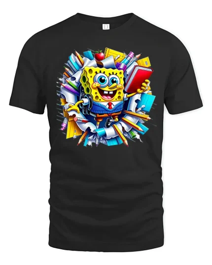 Funny School Sponge Cartoon Graphic T Shirt - black t-shirt on white background