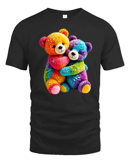 Cute Rainbow Teddy Bears Hugging Graphic T Shirt - black t-shirt on white background