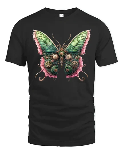Steampunk Butterfly Gear Art Graphic T Shirt - black t-shirt on white background