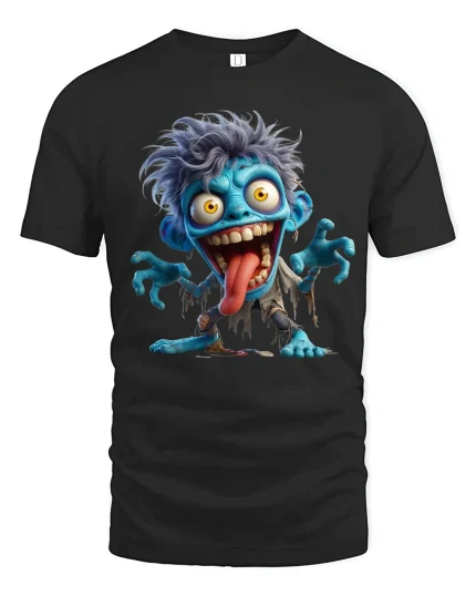 Funny Crazy Blue Monster Cartoon Graphic T Shirt - black t-shirt on white background