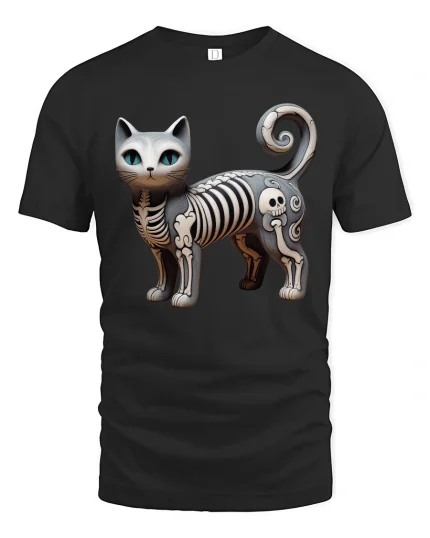 Cute Skeleton Cat Cartoon Graphic T Shirt Design - black t-shirt on white background
