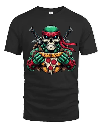Funny Skull Ninja Turtle Pizza Graphic T Shirt - black t-shirt on white background