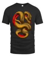 Golden Coiled Snake Graphic T Shirt Bold Art - black t-shirt on white background