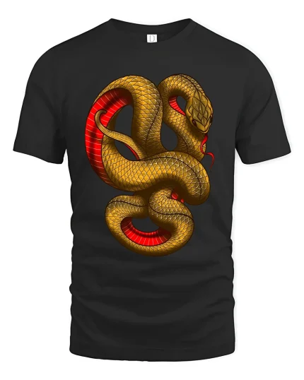 Golden Coiled Snake Graphic T Shirt Bold Art - black t-shirt on white background