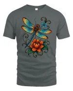 Vibrant Dragonfly Floral Art T Shirt Nature Bloom - gray t-shirt on white background