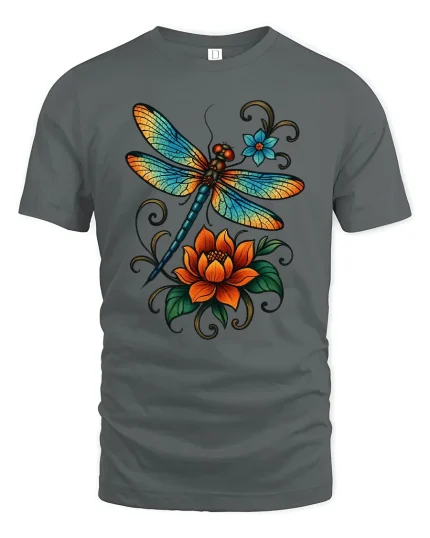 Vibrant Dragonfly Floral Art T Shirt Nature Bloom - gray t-shirt on white background
