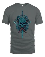 Dark Skull Sword and Axes Graphic T Shirt Art - gray t-shirt on white background