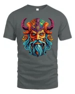 Colorful Viking Warrior Face Graphic T Shirt - gray t-shirt on white background